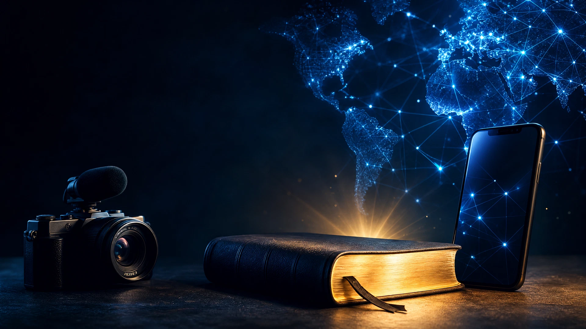 Bible, camera, smartphone, and connected digital network in a cinematic navy and cyan scene